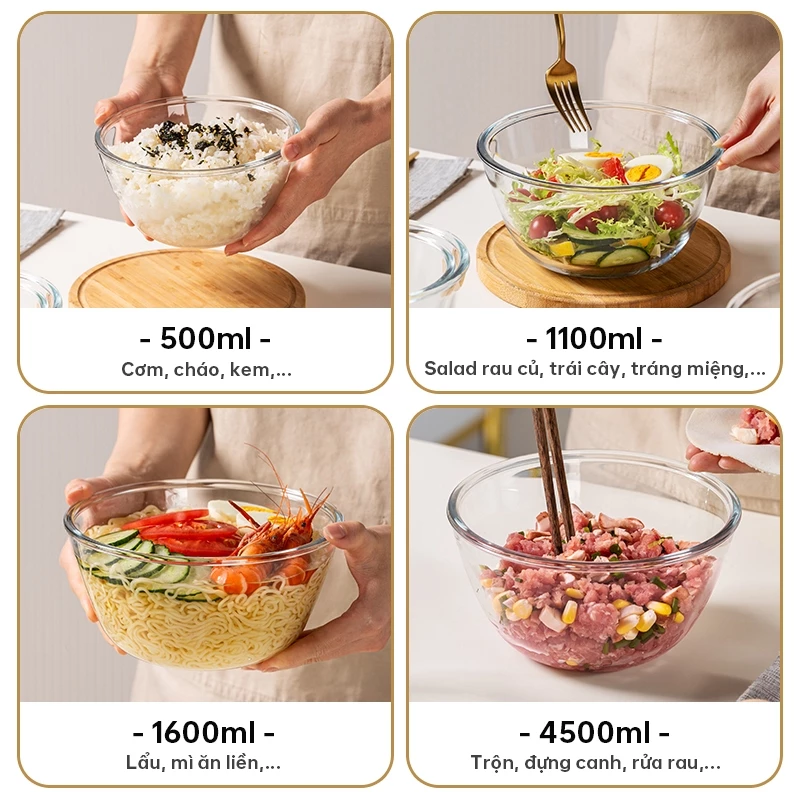 Bát thủy tinh, bát thủy tinh borosilicate, bát làm bánh, bát trộn salad, bát thủy tinh trong suốt, bát thủy tinh chịu nhiệt